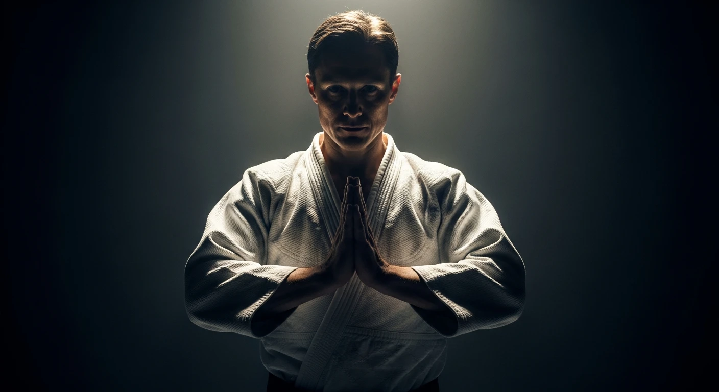 Dark moody martial arts master in gi striking a pose in low light